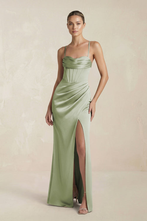 Cami Strap Corset Sheath Satin Ruched Bridesmaid Dress in Matcha - KissProm Bridesmaid Dresses
