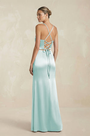 Cami Strap Corset Sheath Satin Ruched Bridesmaid Dress in Mist - KissProm Bridesmaid Dresses
