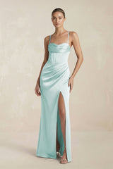 Cami Strap Corset Sheath Satin Ruched Bridesmaid Dress in Mist - KissProm Bridesmaid Dresses
