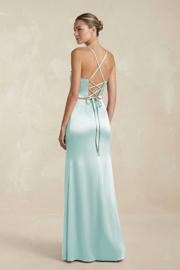 Cami Strap Corset Sheath Satin Ruched Bridesmaid Dress in Mist - KissProm Bridesmaid Dresses