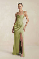 Cami Strap Corset Sheath Satin Ruched Bridesmaid Dress in Moss Green - KissProm Bridesmaid Dresses
