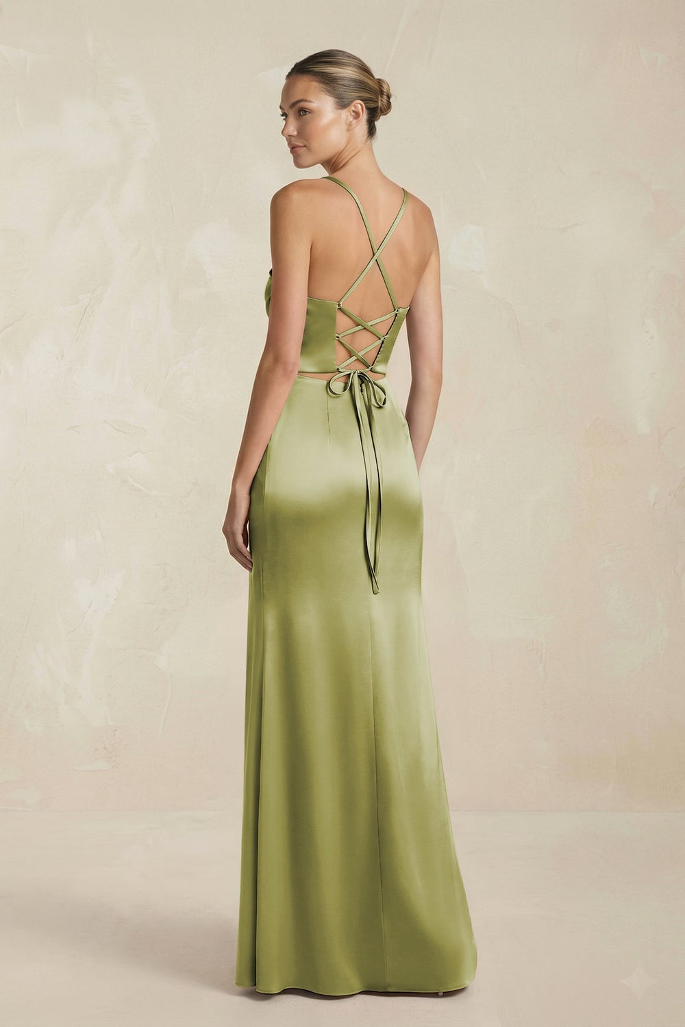 Cami Strap Corset Sheath Satin Ruched Bridesmaid Dress in Moss Green - KissProm Bridesmaid Dresses