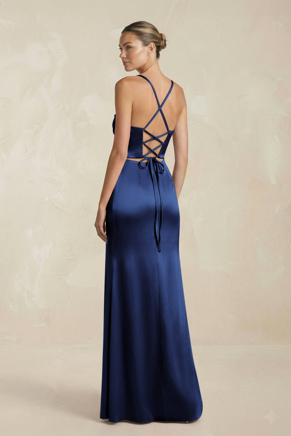 Cami Strap Corset Sheath Satin Ruched Bridesmaid Dress in Navy - KissProm Bridesmaid Dresses