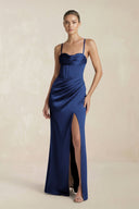 Cami Strap Corset Sheath Satin Ruched Bridesmaid Dress in Navy - KissProm Bridesmaid Dresses