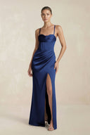 Cami Strap Corset Sheath Satin Ruched Bridesmaid Dress in Navy - KissProm Bridesmaid Dresses