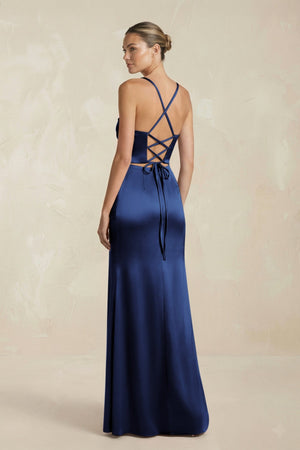 Cami Strap Corset Sheath Satin Ruched Bridesmaid Dress in Navy - KissProm Bridesmaid Dresses