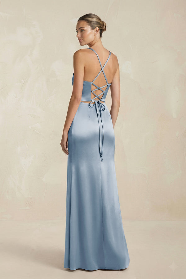 Cami Strap Corset Sheath Satin Ruched Bridesmaid Dress in Neptune - KissProm Bridesmaid Dresses