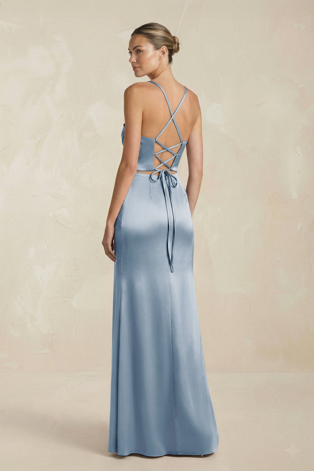Cami Strap Corset Sheath Satin Ruched Bridesmaid Dress in Neptune - KissProm Bridesmaid Dresses