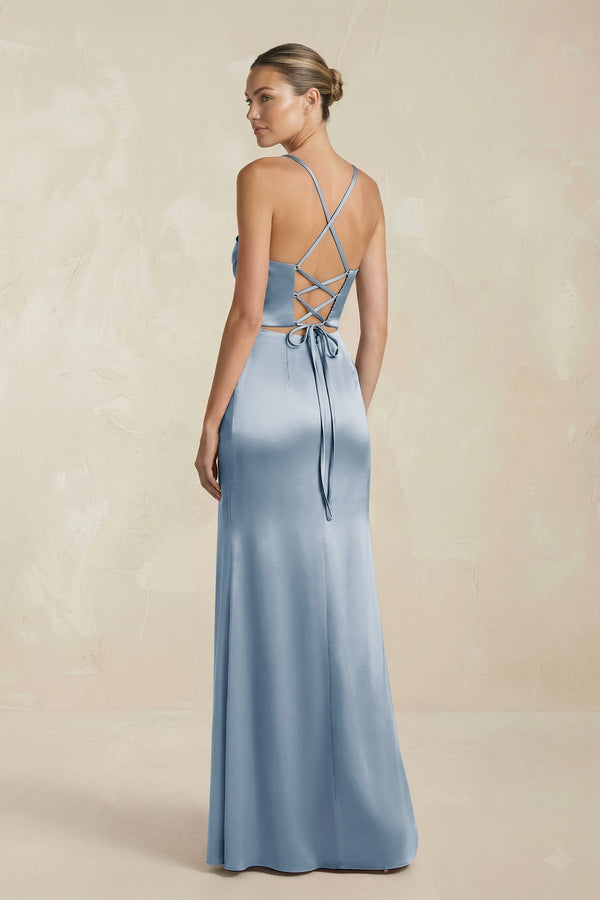 Cami Strap Corset Sheath Satin Ruched Bridesmaid Dress in Neptune - KissProm Bridesmaid Dresses