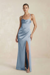 Cami Strap Corset Sheath Satin Ruched Bridesmaid Dress in Neptune - KissProm Bridesmaid Dresses