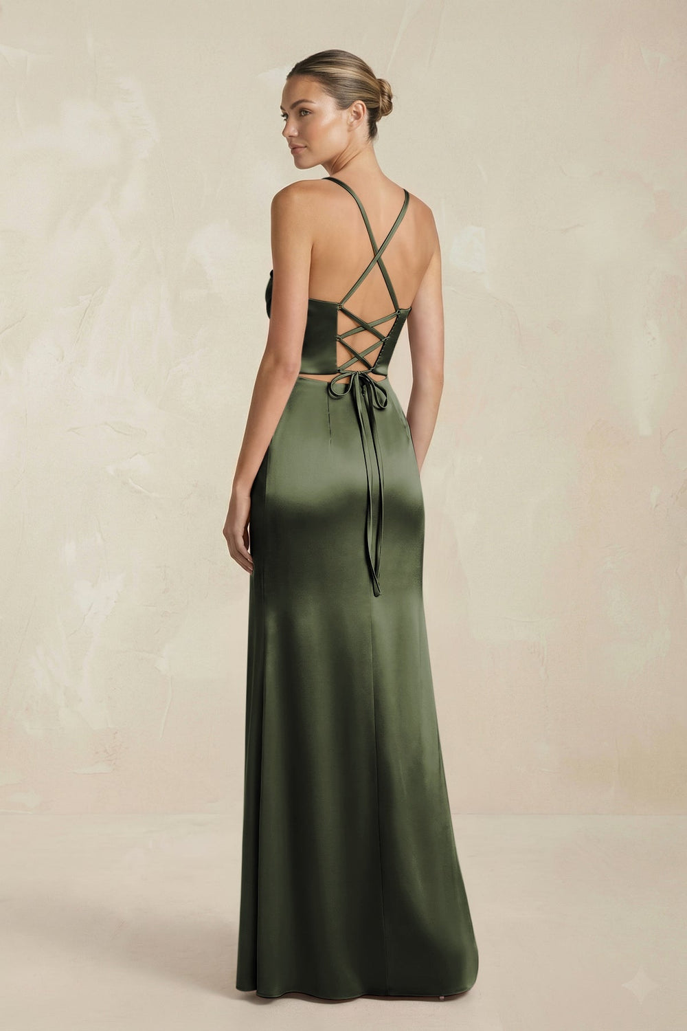 Cami Strap Corset Sheath Satin Ruched Bridesmaid Dress in Olive - KissProm Bridesmaid Dresses