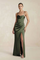 Cami Strap Corset Sheath Satin Ruched Bridesmaid Dress in Olive - KissProm Bridesmaid Dresses