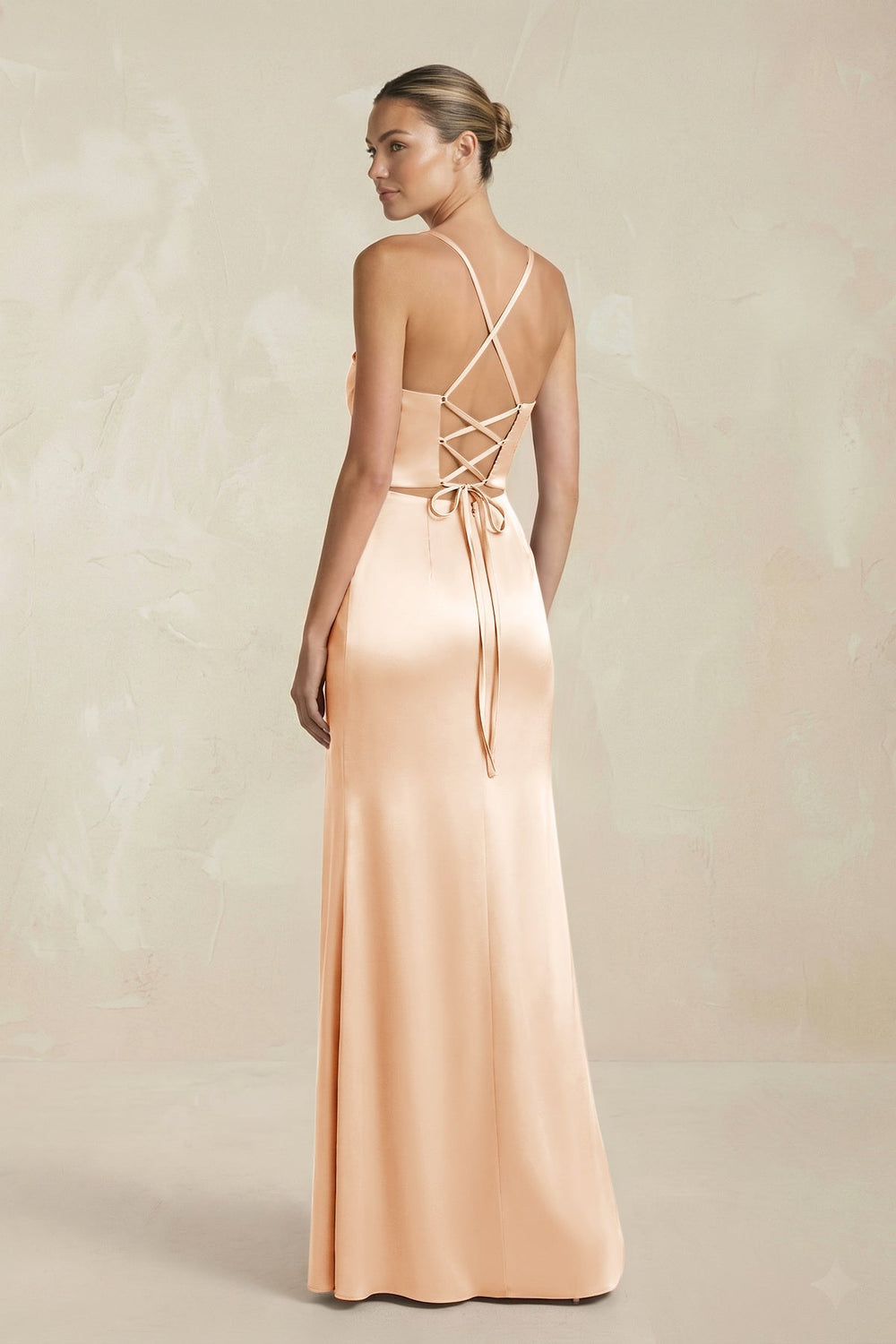 Cami Strap Corset Sheath Satin Ruched Bridesmaid Dress in Pale Blush - KissProm Bridesmaid Dresses
