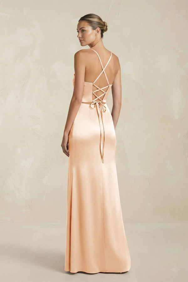 Cami Strap Corset Sheath Satin Ruched Bridesmaid Dress in Pale Blush - KissProm Bridesmaid Dresses