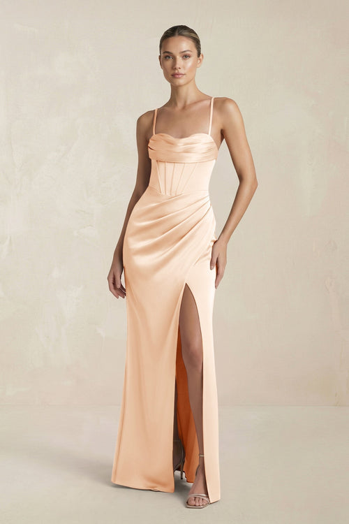 Cami Strap Corset Sheath Satin Ruched Bridesmaid Dress in Pale Blush - KissProm Bridesmaid Dresses
