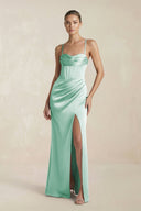 Cami Strap Corset Sheath Satin Ruched Bridesmaid Dress in Pale Pistachio - KissProm Bridesmaid Dresses