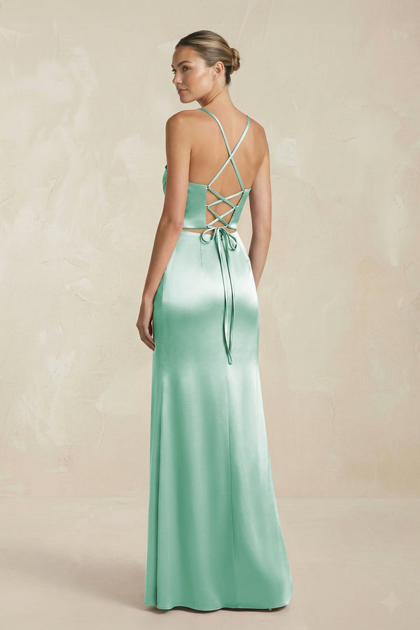 Cami Strap Corset Sheath Satin Ruched Bridesmaid Dress in Pale Pistachio - KissProm Bridesmaid Dresses