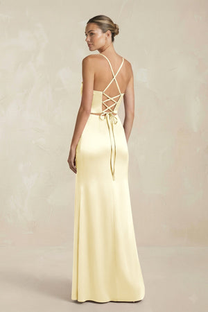 Cami Strap Corset Sheath Satin Ruched Bridesmaid Dress in Pastel Yellow - KissProm Bridesmaid Dresses