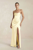 Cami Strap Corset Sheath Satin Ruched Bridesmaid Dress in Pastel Yellow - KissProm Bridesmaid Dresses