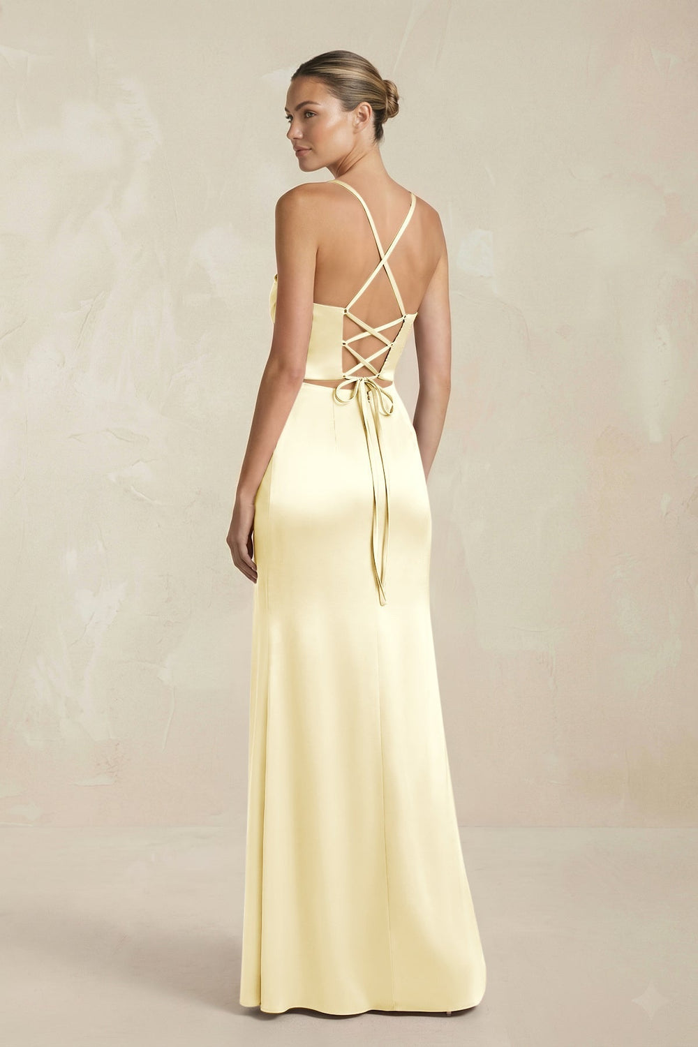 Cami Strap Corset Sheath Satin Ruched Bridesmaid Dress in Pastel Yellow - KissProm Bridesmaid Dresses