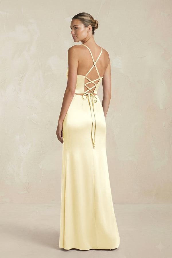 Cami Strap Corset Sheath Satin Ruched Bridesmaid Dress in Pastel Yellow - KissProm Bridesmaid Dresses