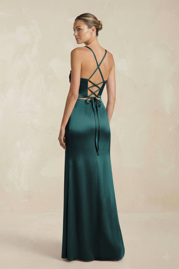 Cami Strap Corset Sheath Satin Ruched Bridesmaid Dress in Pine - KissProm Bridesmaid Dresses