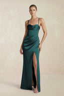 Cami Strap Corset Sheath Satin Ruched Bridesmaid Dress in Pine - KissProm Bridesmaid Dresses