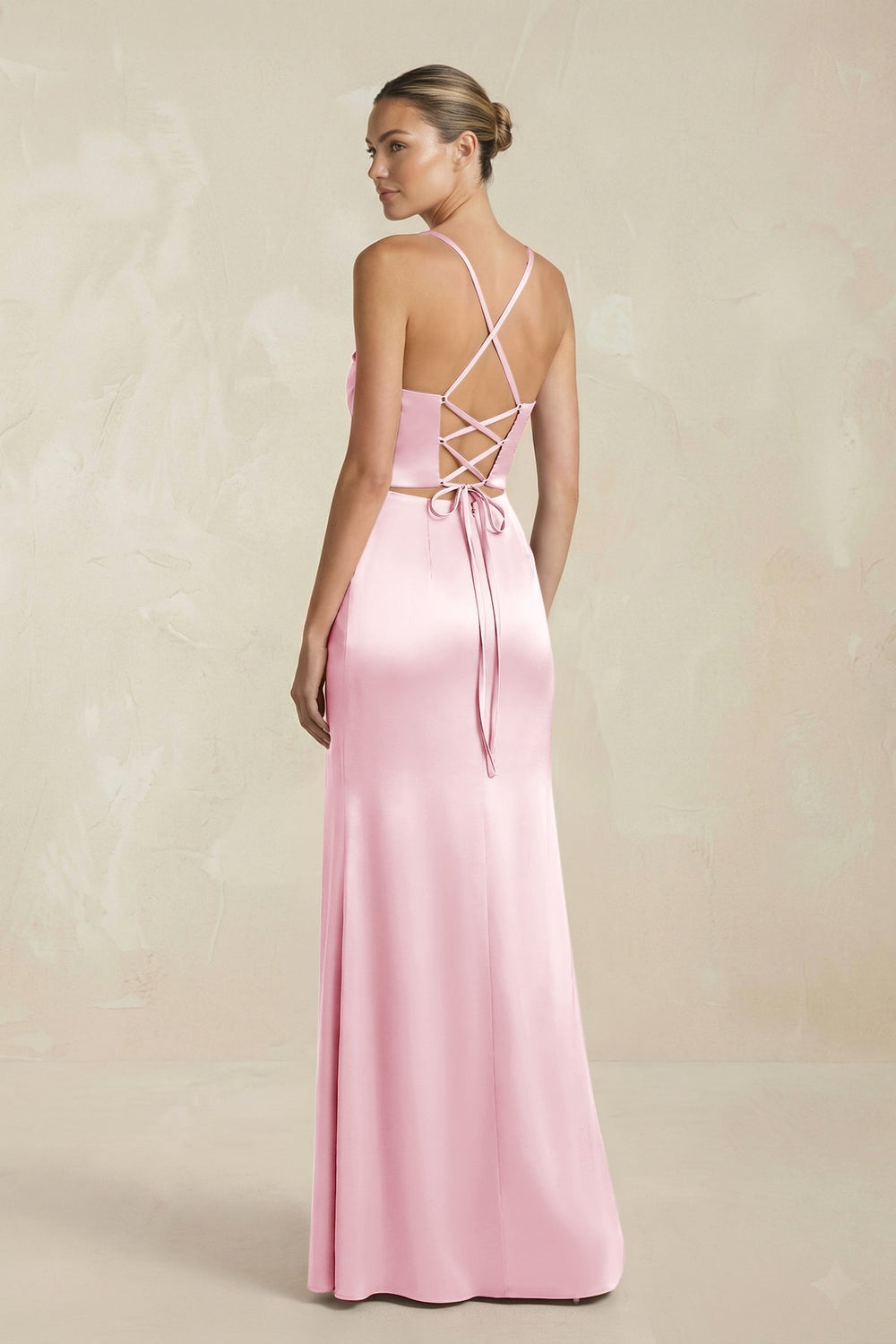 Cami Strap Corset Sheath Satin Ruched Bridesmaid Dress in PInk - KissProm Bridesmaid Dresses