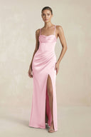 Cami Strap Corset Sheath Satin Ruched Bridesmaid Dress in PInk - KissProm Bridesmaid Dresses