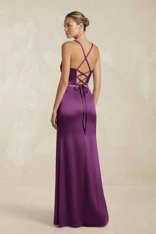 Cami Strap Corset Sheath Satin Ruched Bridesmaid Dress in Plum - KissProm Bridesmaid Dresses