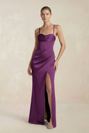 Cami Strap Corset Sheath Satin Ruched Bridesmaid Dress in Plum - KissProm Bridesmaid Dresses