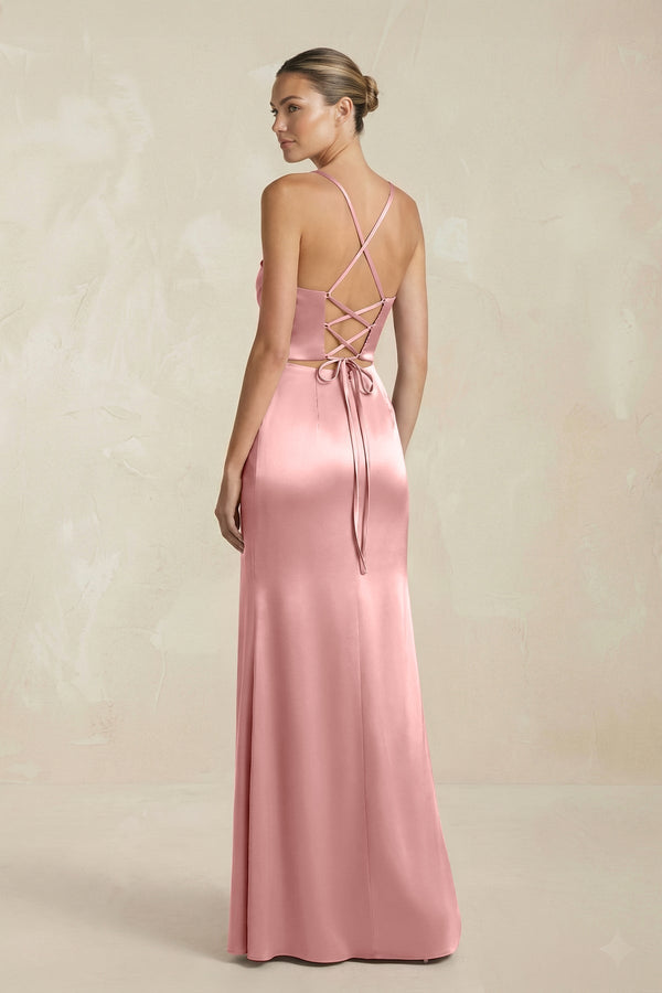 Cami Strap Corset Sheath Satin Ruched Bridesmaid Dress in Rosette - KissProm Bridesmaid Dresses