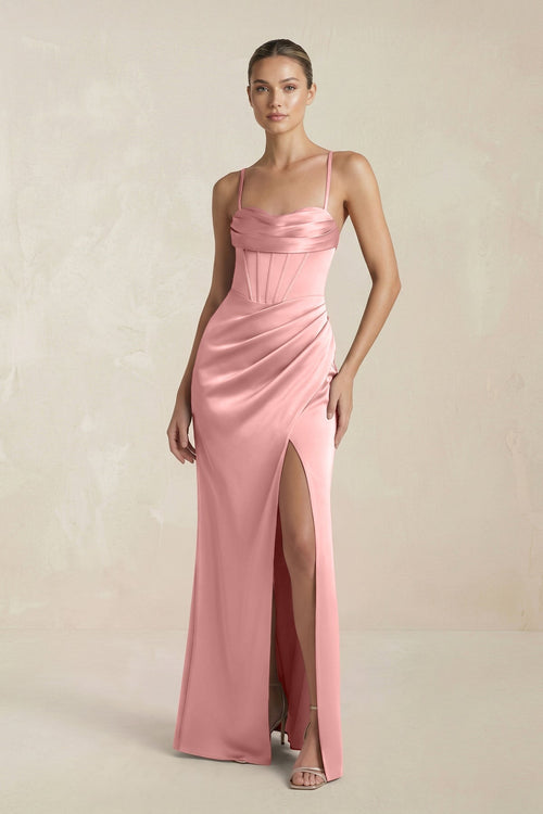 Cami Strap Corset Sheath Satin Ruched Bridesmaid Dress in Rosette - KissProm Bridesmaid Dresses