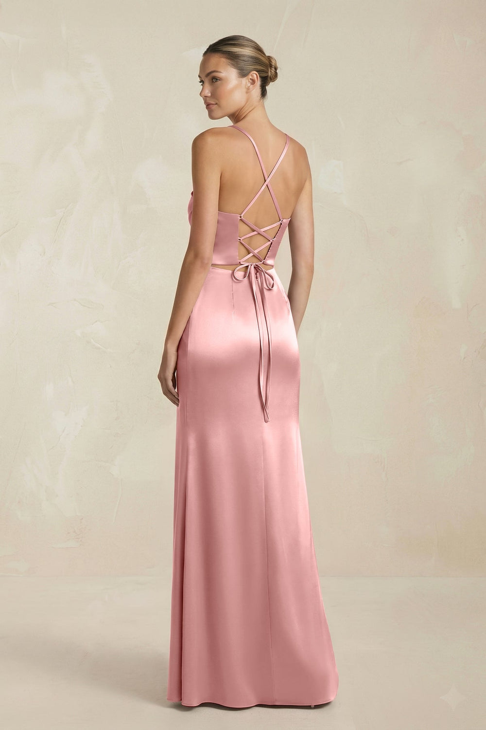 Cami Strap Corset Sheath Satin Ruched Bridesmaid Dress in Rosette - KissProm Bridesmaid Dresses
