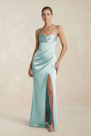 Cami Strap Corset Sheath Satin Ruched Bridesmaid Dress in Sage - KissProm Bridesmaid Dresses