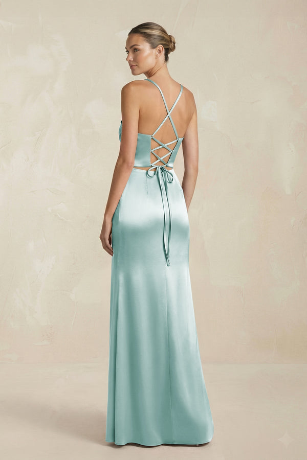 Cami Strap Corset Sheath Satin Ruched Bridesmaid Dress in Sage - KissProm Bridesmaid Dresses