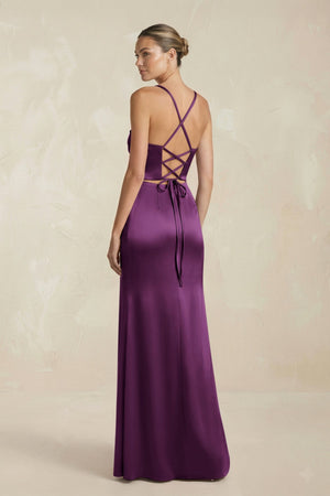 Cami Strap Corset Sheath Satin Ruched Bridesmaid Dress in Sangria - KissProm Bridesmaid Dresses
