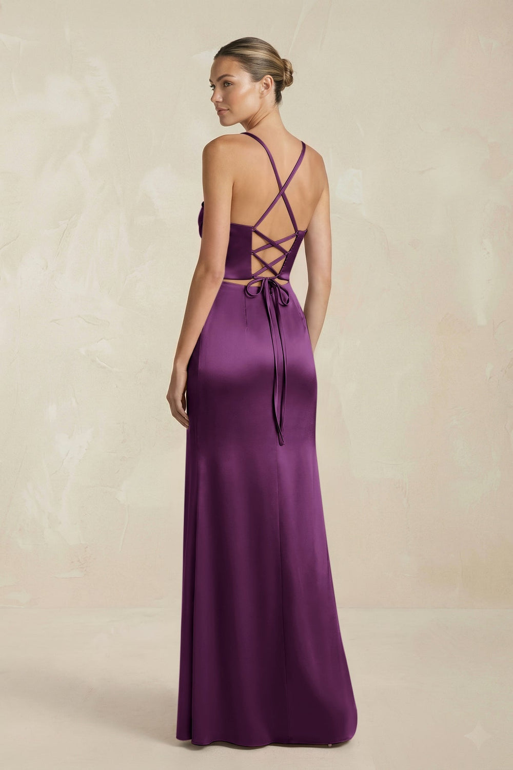 Cami Strap Corset Sheath Satin Ruched Bridesmaid Dress in Sangria - KissProm Bridesmaid Dresses