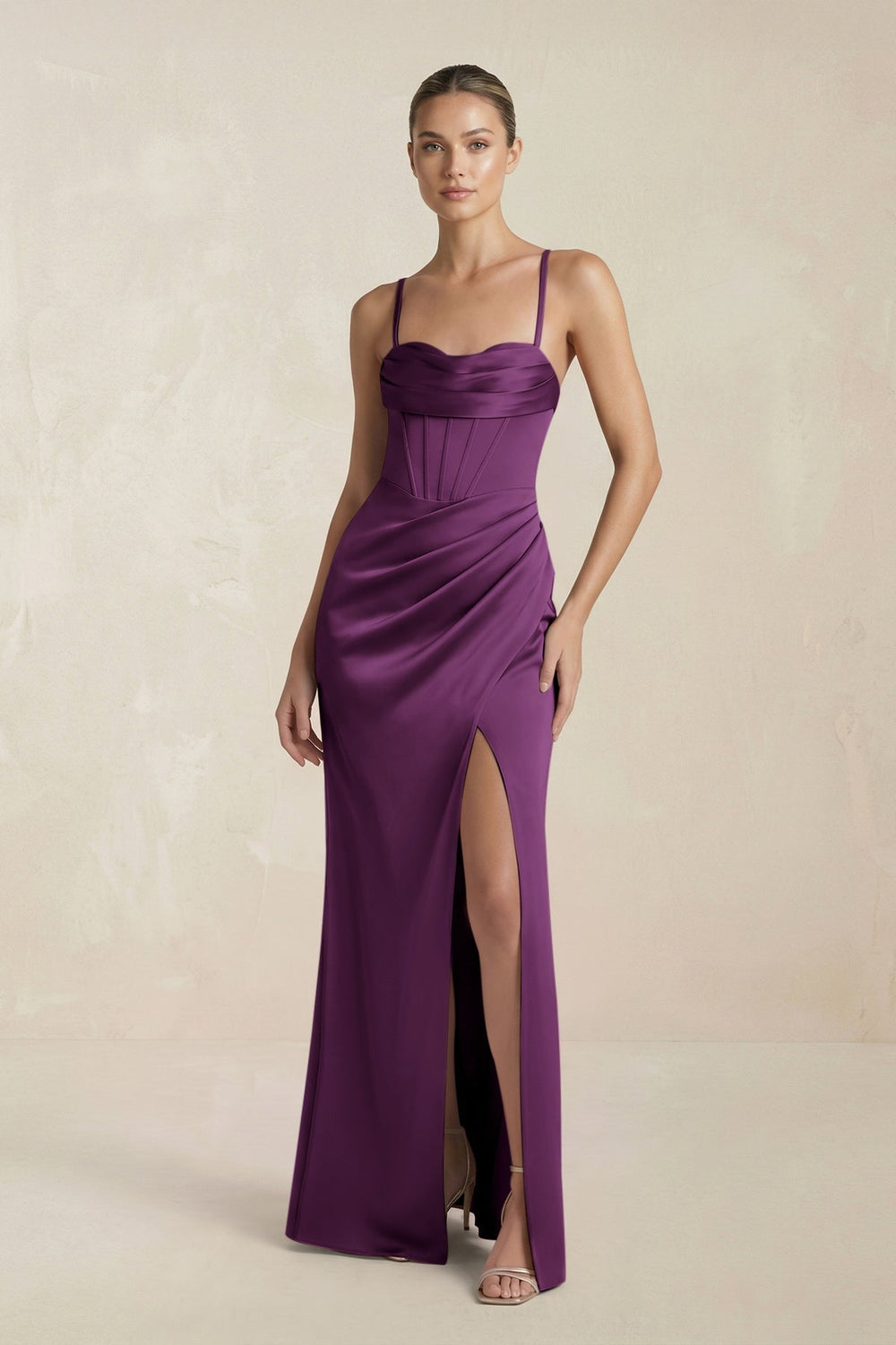 Cami Strap Corset Sheath Satin Ruched Bridesmaid Dress in Sangria - KissProm Bridesmaid Dresses