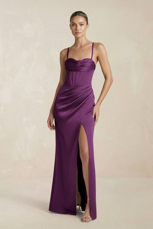 Cami Strap Corset Sheath Satin Ruched Bridesmaid Dress in Sangria - KissProm Bridesmaid Dresses