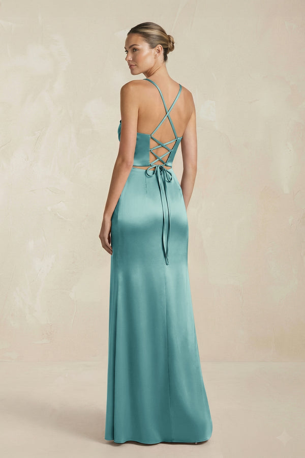 Cami Strap Corset Sheath Satin Ruched Bridesmaid Dress in Sea Glass - KissProm Bridesmaid Dresses