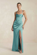 Cami Strap Corset Sheath Satin Ruched Bridesmaid Dress in Sea Glass - KissProm Bridesmaid Dresses