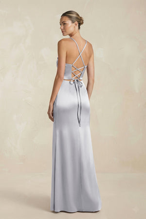 Cami Strap Corset Sheath Satin Ruched Bridesmaid Dress in Silver - KissProm Bridesmaid Dresses