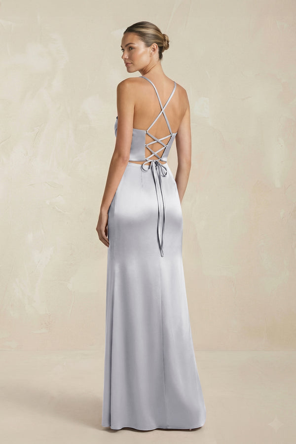 Cami Strap Corset Sheath Satin Ruched Bridesmaid Dress in Silver - KissProm Bridesmaid Dresses