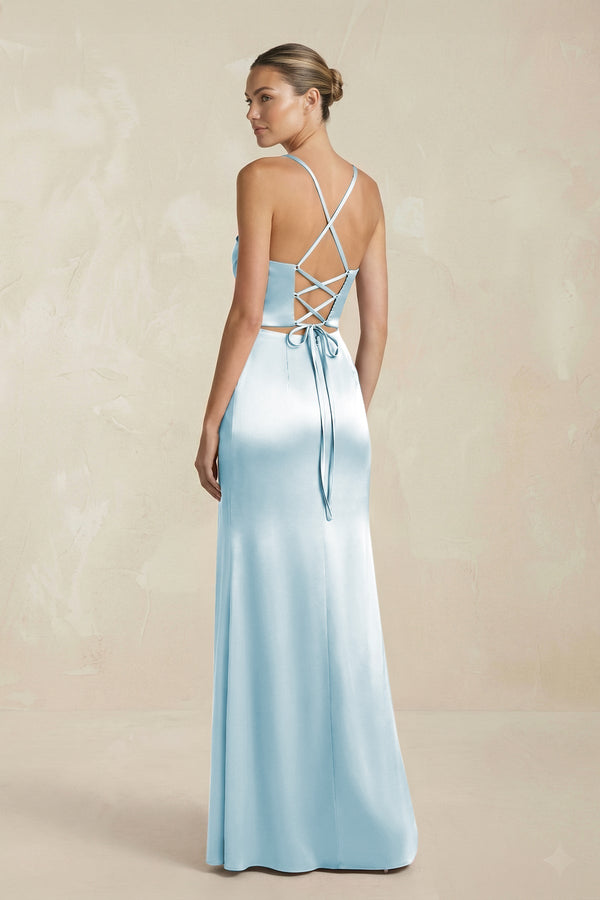 Cami Strap Corset Sheath Satin Ruched Bridesmaid Dress in Sky Blue - KissProm Bridesmaid Dresses