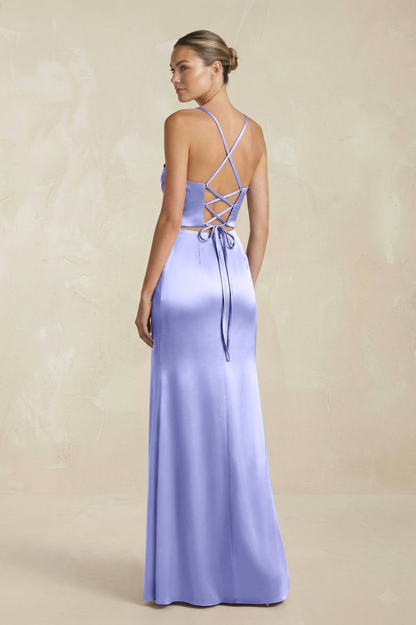 Cami Strap Corset Sheath Satin Ruched Bridesmaid Dress in Steel Blue - KissProm Bridesmaid Dresses