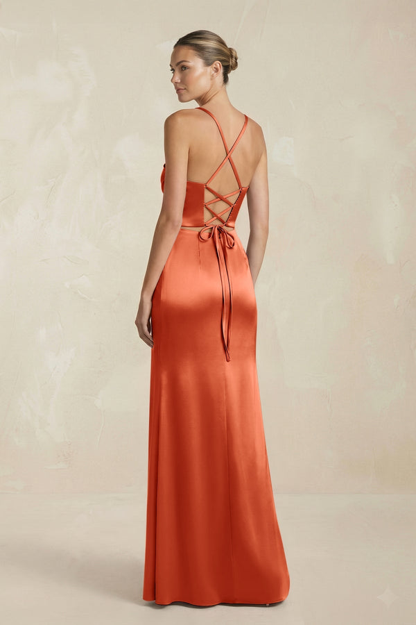 Cami Strap Corset Sheath Satin Ruched Bridesmaid Dress in Terracotta - KissProm Bridesmaid Dresses