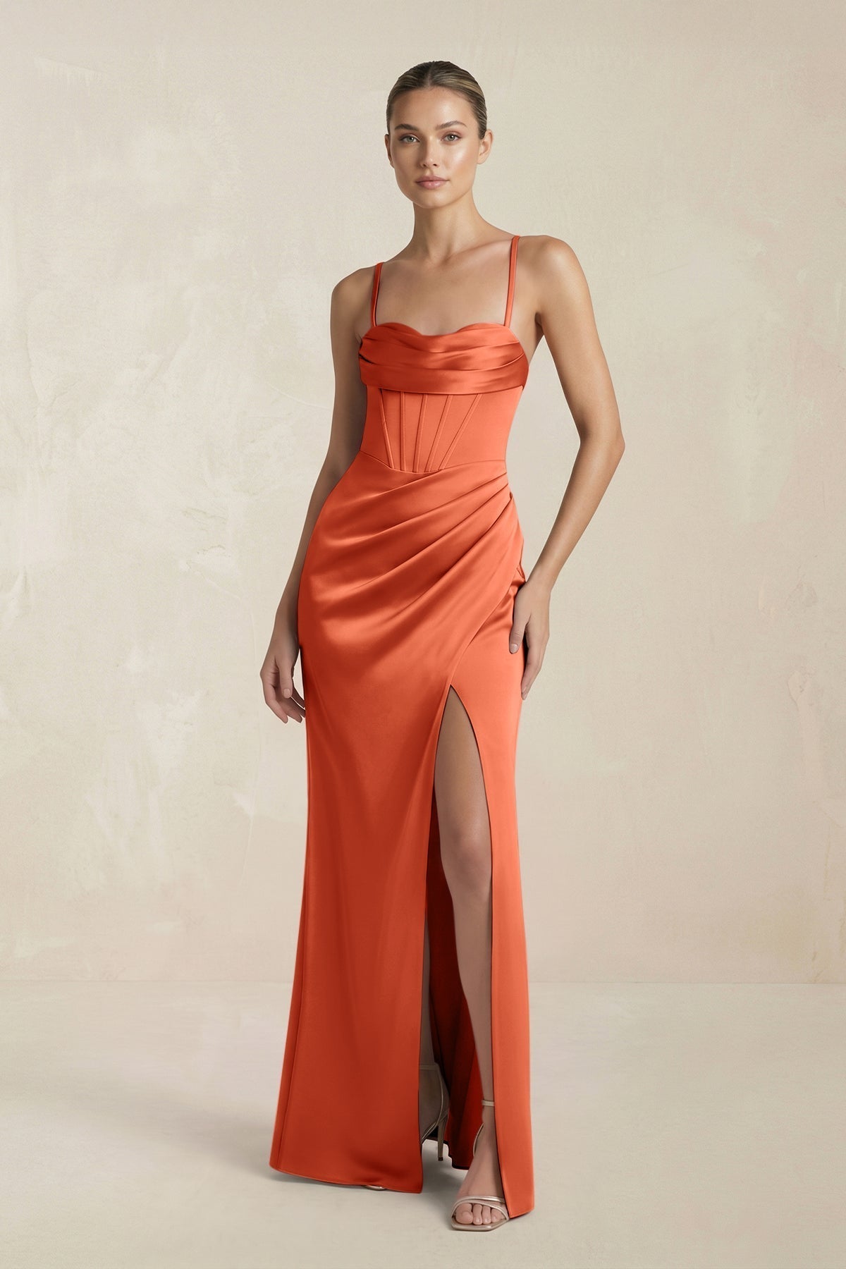 KissProm Cami Strap Corset Sheath Satin Ruched Bridesmaid Dress in Terracotta, Terracotta / 28