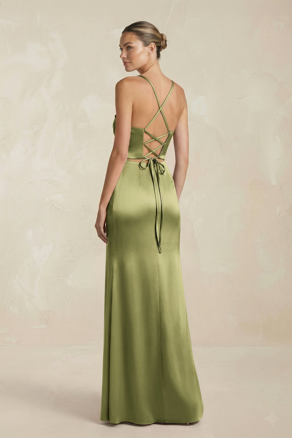 Cami Strap Corset Sheath Satin Ruched Bridesmaid Dress in Thyme - KissProm Bridesmaid Dresses