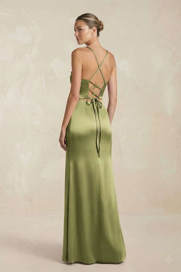 Cami Strap Corset Sheath Satin Ruched Bridesmaid Dress in Thyme - KissProm Bridesmaid Dresses